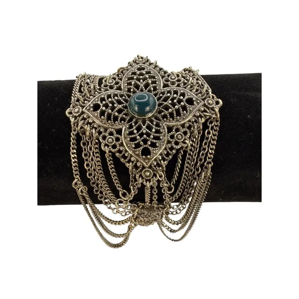 Lucky Brand Vintage Silver Filigree Flower Cuff Bracelet with Teal Cabochon
